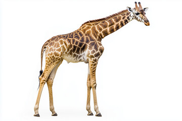 Naklejka premium Portrait of giraffe isolated on white background, Whole body giraffe with long neck on white, Selective focus giraffe face.