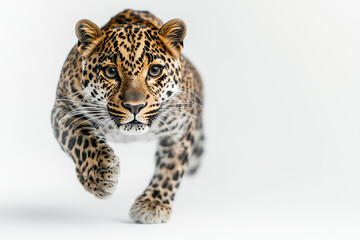 Obraz premium Portrait of walking leopard isolated on white background, Selective focus running cheetah on white, The fastest animal .