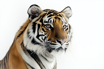 Fototapeta premium Portrait of aggressive tiger isolated on white background, Safari hunter with stripe on the body, Selective focus tiger on white.