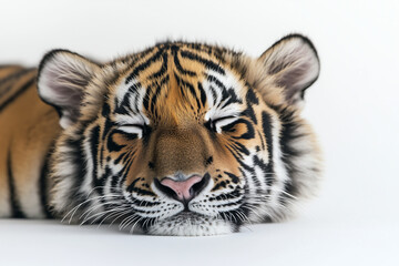 Fototapeta premium Portrait of aggressive tiger isolated on white background, Safari hunter with stripe on the body, Selective focus sleep tiger on white.