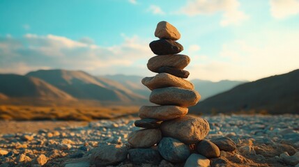 Stacked stones forming a cairn in a scenic mountainous landscape under a vibrant sky with clouds, guiding hikers along a natural path.