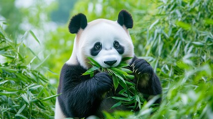 Obraz premium 2409_008. A gentle giant panda surrounded by bamboo grove, showcasing a peaceful munching in a vibrant outdoor setting. This image captures the essence of adventure and happiness in nature