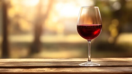 A glass of red wine sits on a wooden table, illuminated by warm sunlight in a serene outdoor setting.