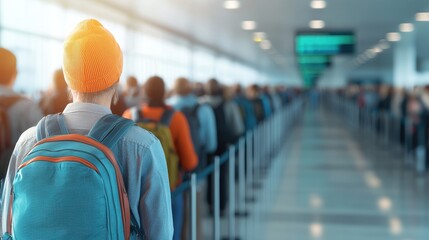 A traveler waits in a long airport queue, wearing a backpack and a bright orange beanie, with other passengers in the background.