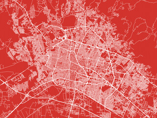 Christmas Map of Leon de los Aldama, Mexico in Snowy White on Festive Red Background.