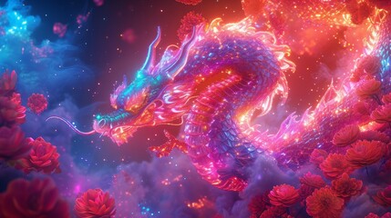 A vibrant neon dragon glows with rainbow-like colors, twisting through an atmosphere filled with vibrant roses. The dazzling light and fantasy elements make this image mesmerizing.