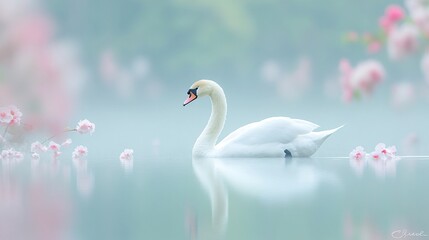 Obraz premium 2409_092. A graceful swan surrounded by misty lake, showcasing a elegant gliding in a vibrant outdoor setting. This image captures the essence of adventure and happiness in nature