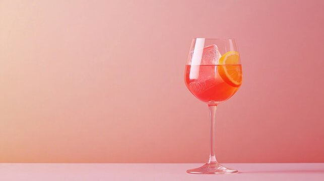 Cocktail glass filled with vibrant Aperol spritz garnished with orange slice against a soft pastel background with ample copy space for text.
