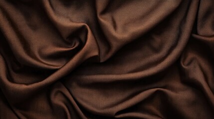 Obraz premium Rich dark chocolate brown cotton linen fabric texture with soft, flowing drapes in a panoramic view, highlighting intricate folds and luxurious feel.