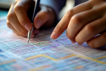 Hands marking irregularities on a financial report, highlighted areas with errors, photo-realistic, precise fraud detection