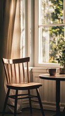 A cozy corner with a wooden chair, small table, and a coffee cup, illuminated by natural light.