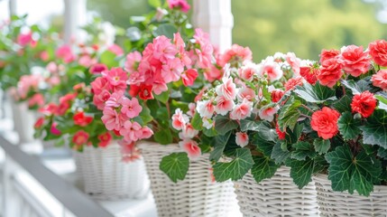 A beautiful arrangement of plants, showcasing flowering begonias and geraniums, hanging in white wicker baskets on a white balcony