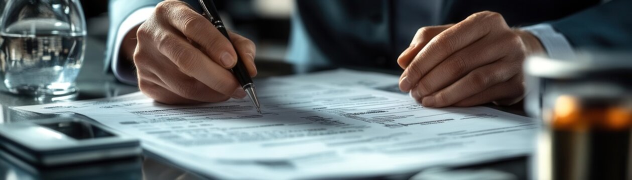 Forensic expert examining mismatched serial numbers on invoices, detailed paper textures, photo-realistic, precise fraud uncovering