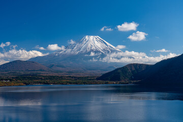 湖越しに望む冠雪した富士山