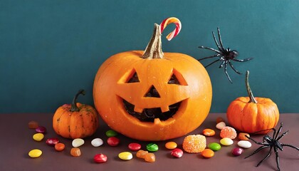 Smiling Halloween pumpkin surrounded by colorful candies in minimalist style, blending festive charm with simplicity. A perfect visual for seasonal decor, celebrations, and creative