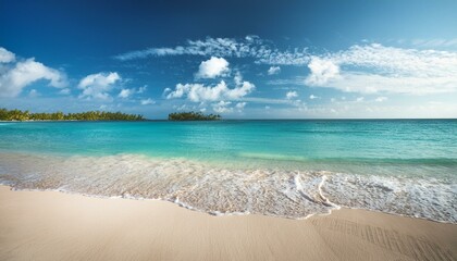 Beautiful tropical beach with palm trees, sunset beach seascape, design template for travel banner.