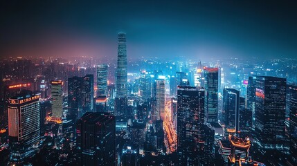 Fototapeta premium Futuristic Cityscape with Neon Lights and Towering Skyscrapers