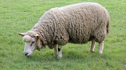 Wooly sheep grazes peacefully in a lush green meadow, showcasing its thick fleece and serene natural surroundings.