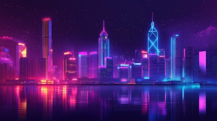 The skyline of Hong Kong at night, with skyscrapers glowing in neon colors and reflections creating a dazzling scene on the water. The vibrant city shines under the dark sky.