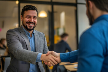 Obraz premium Two Men in Business Casual Attire Shaking Hands in an Office Setting