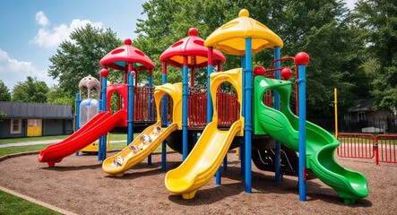 Playground with colorful slides swings and interactive equipment