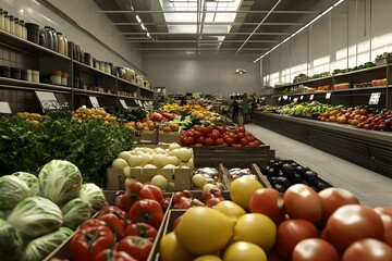 A vibrant grocery store filled with fresh vegetables and fruits on display.
