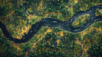 Aerial view of a winding river flowing through a vibrant, dense forest filled with rich greenery and colorful foliage.