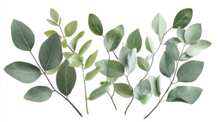 Naklejka premium Isolated arrangement of lush green leaves showcasing various shapes and shades against a pristine white background, ideal for enhancing visuals.