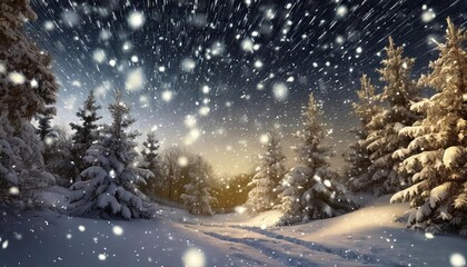 Magical Snow Falling at Night in a Mystical Snowy Forest Illuminated by Soft Lights and Starry Skies - A Captivating Winter Scene of Enchanting Serenity and Natural Beauty.