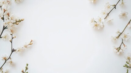 Delicate spring flowers arranged on a white background, creating a serene flat lay composition with soft petals and green accents.