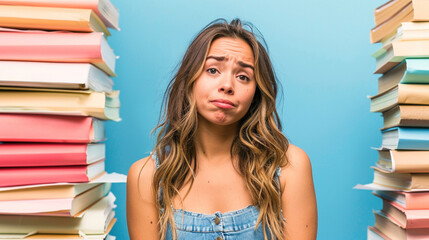Overwhelmed student woman exhausted around chaotic and disorganized stacks of paper books, overwhelmed and stress. Challenges of organization, workload efficient task management