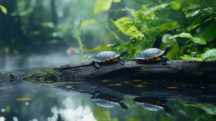 Obraz premium Close-up of turtles on a log in a misty wetland, surrounded by lush vegetation and still water.