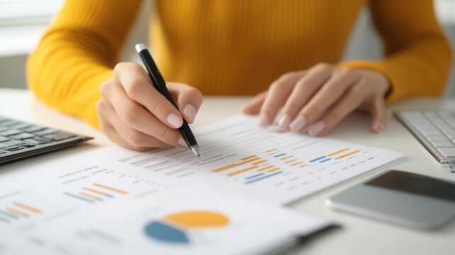 Advisor reviewing a client s annual performance report, minimalist desk setup, photo-realistic, business evaluation concept