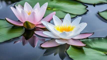 Close-up view of pink and white water lilies floating serenely on a calm pond in a lush wetland.