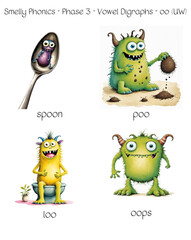 Fototapeta premium Smelly Phonics - Phase 3 - Vowel Digraphs - oo (UW) - spoon, poo, loo, oops
