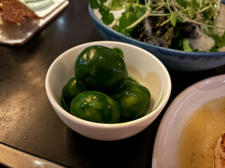 Green Boiled Potatoes with seaweed sauce served at Local Fish Restaurant.