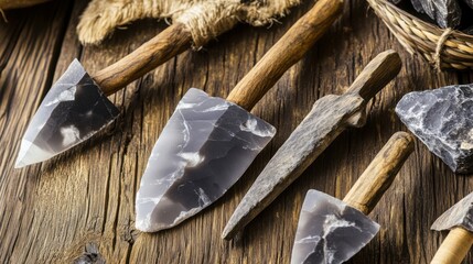Close-up of ancient stone tools, sharp flint knives, and polished axes on a weathered wooden surface, symbolizing prehistoric craftsmanship and the dawn of human ingenuity