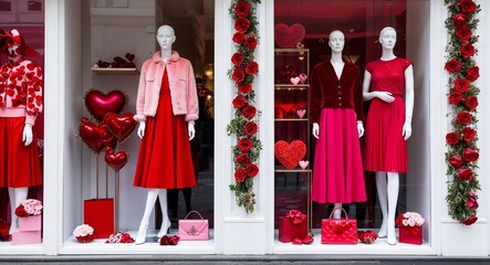 Romanticthemed window displays with mannequins in red and pink outfits
