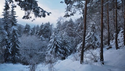 Serene Snow-Covered Landscape with Winter Trees, Majestic Mountain Peaks, and Pristine White Fields Captured in Stunning Detail, Showcasing the Beauty of Natureâ€™s Winter Wonderland in Every