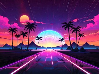 Fototapeta premium Retro Synthwave Sunset: Palm Trees, Neon Highway, and Vibrant Sky