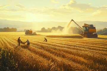 Fototapeta premium Golden wheat field, harvesting, combines, workers.