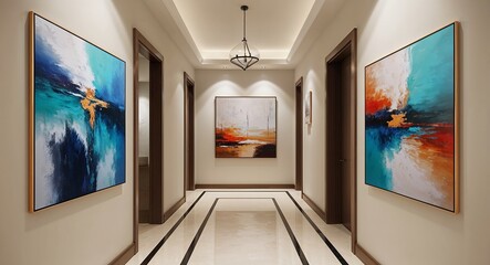 Soothing abstract paintings in hallways to create a calming atmosphere