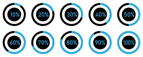 Circular progress bar icons showing percentage values from 10% to 100%. Flat design ideal for dashboards, infographics, loading indicators, and performance visuals.