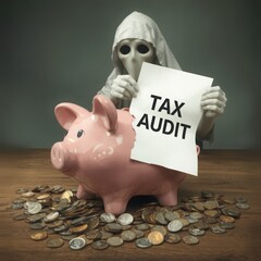 Tax Audit Ghost: A chilling image of a ghostly figure holding a "Tax Audit" sign over a piggy bank, surrounded by coins. The fear and anxiety about financial scrutiny income and evasion.