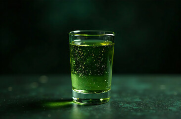 Glass shot absinthe dark background. Drink photo bar restaurant. AI Generative