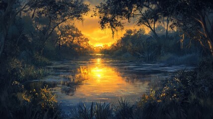 Dusk in the wetlands with golden light reflecting on the water surface, framed by darkened foliage.