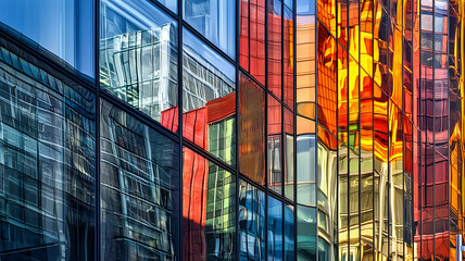 Urban skyline reflections create vibrant tapestry of colors on textured glass, showcasing interplay of light and architecture in modern cityscape
