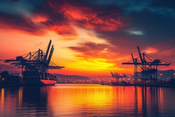 Obraz premium usy container port sunset cranes