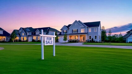 Modern houses for sale are showcased in a peaceful neighborhood with a striking sunset view, highlighting real estate opportunities