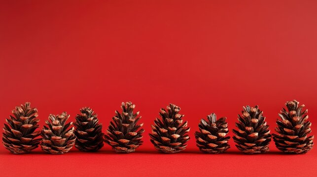 Pine cones arranged on a vibrant red backdrop, perfect for Christmas greeting cards with a customizable text area for holiday messages.